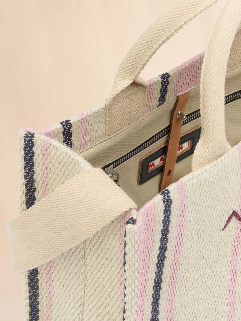 CREAM PINK AND BLUE STRIPED RAFFIA-EFFECT SMALL TOTE BAG. - 3