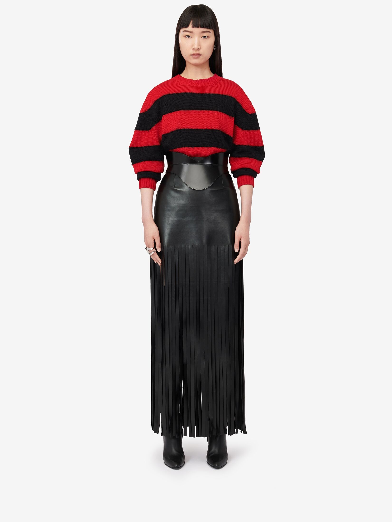 Women's Fringed Leather Skirt in Black - 2