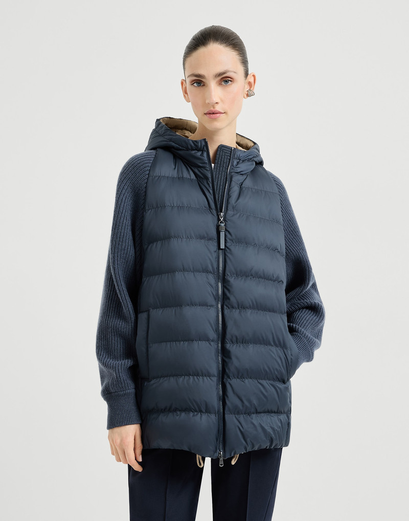 Brunello Cucinelli Water-resistant matte nylon hooded down jacket with virgin wool, cashmere and silk knit sleeves and  outlook