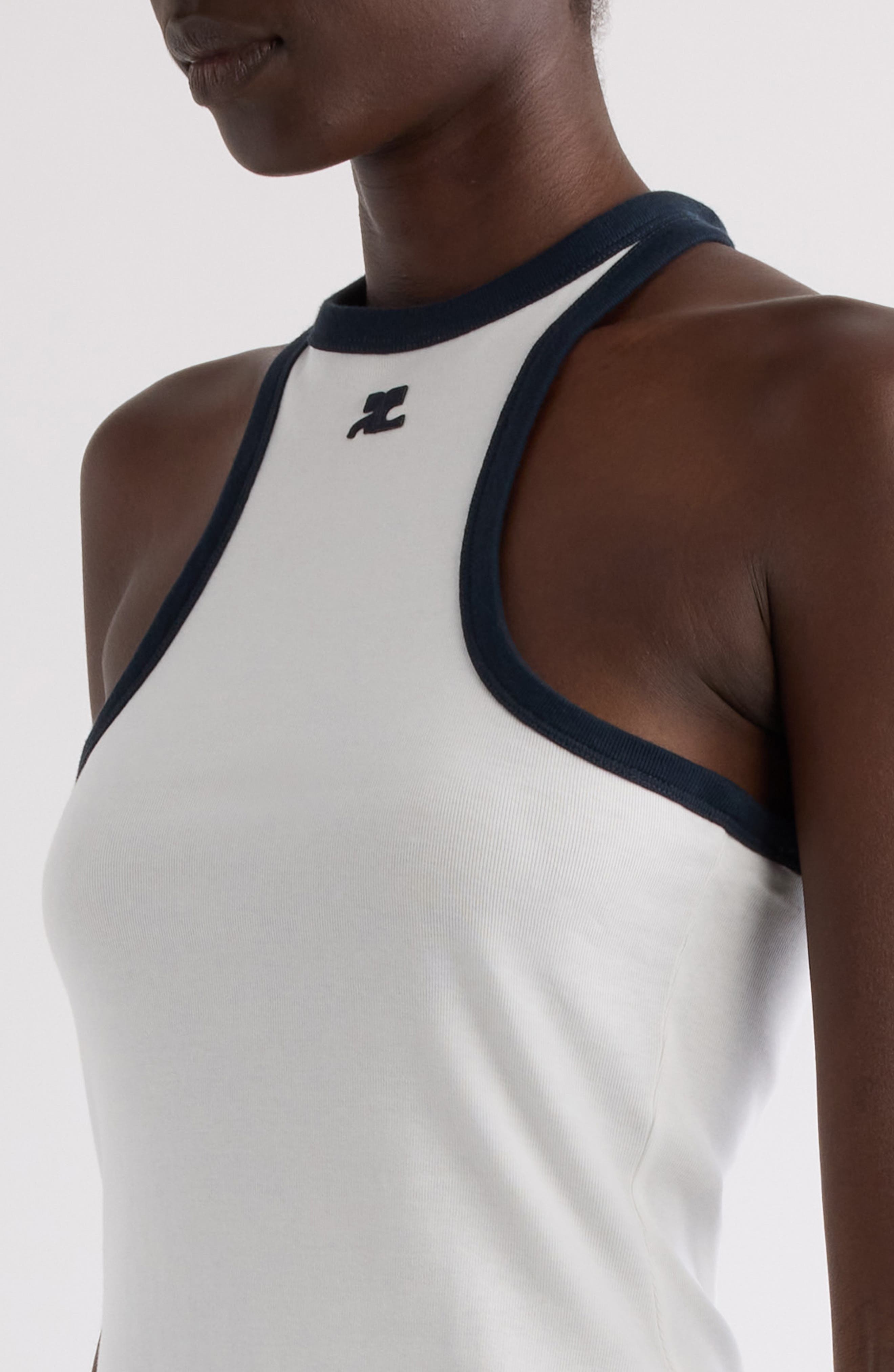 Courrèges Contrast Trim Knit Scuba Minidress in Blanc Heritage/Navy at Nordstrom - 4