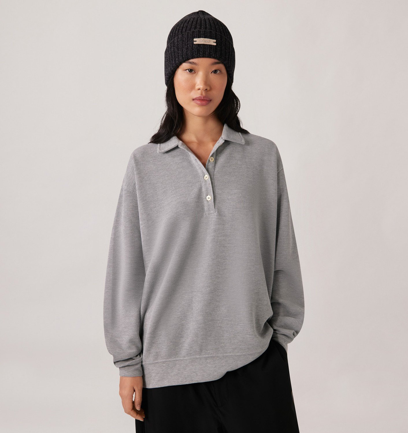 UNISEX TONAL LOGO WAFFLE LONG-SLEEVE POLO - 3