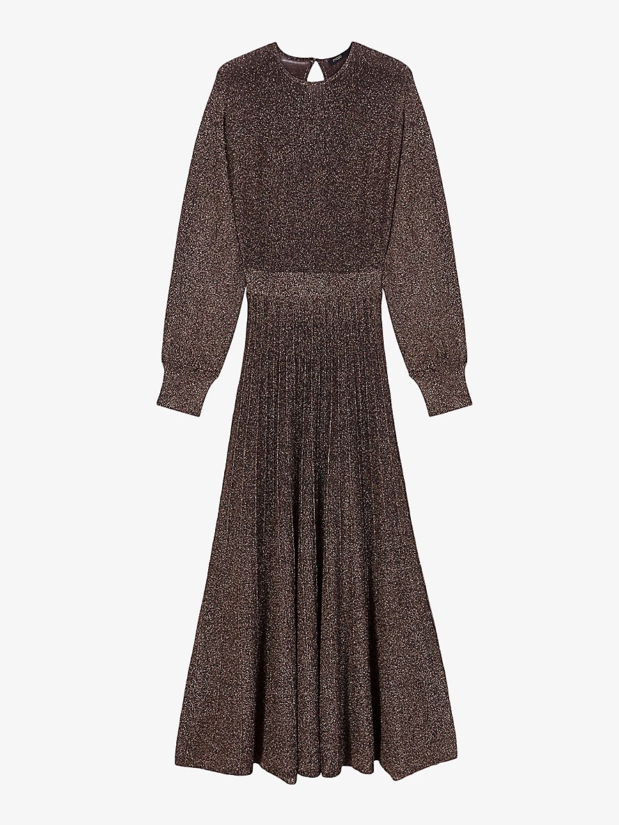 Pleated-skirt long-sleeve stretch-knit midi dress - 1