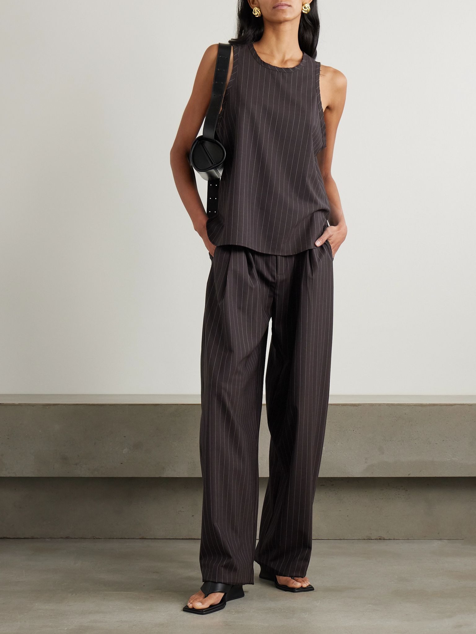 Distressed pinstriped wool-blend tank Brown - 2