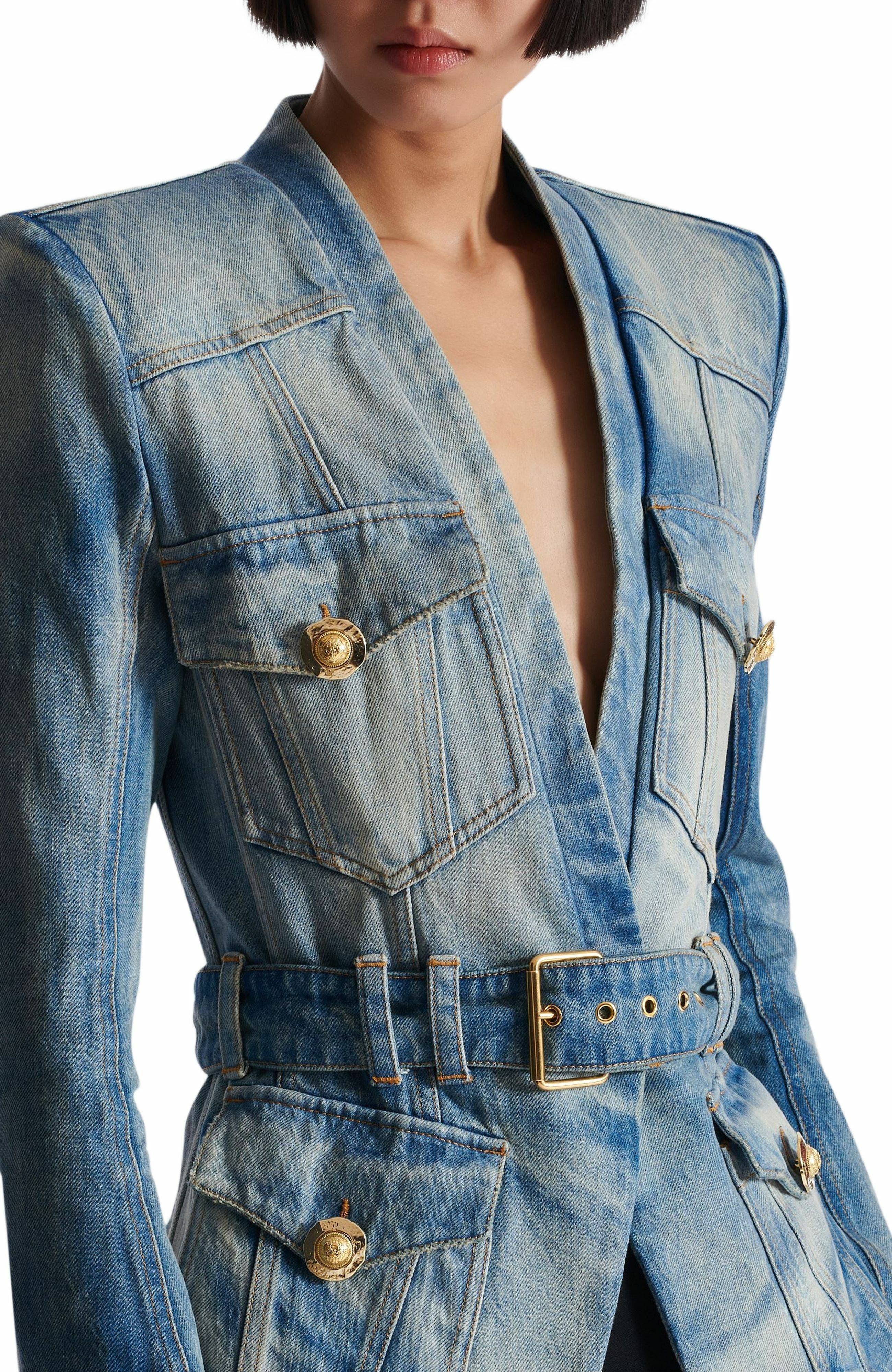 Balmain 1-button belted denim jacket in Blue at Nordstrom - 7