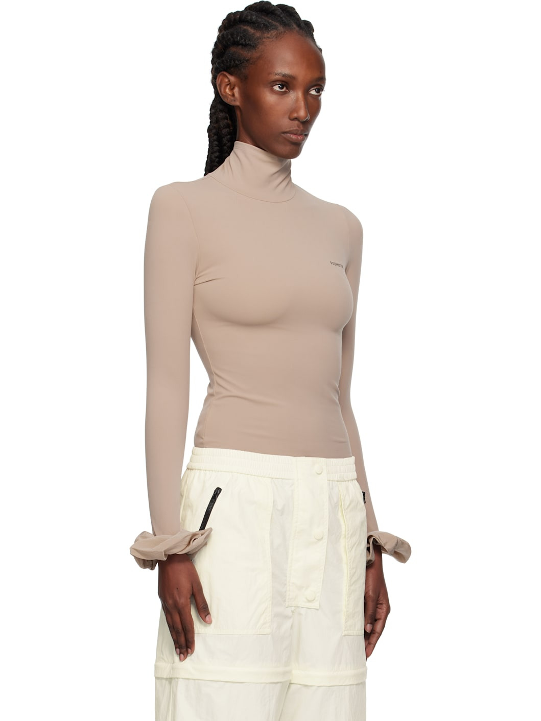 Beige Scrunchie Sleeve Jersey Turtleneck - 2
