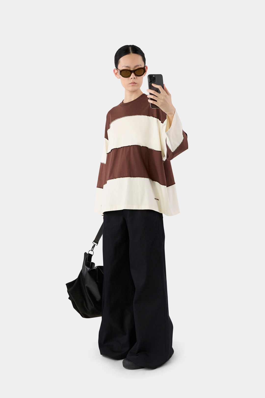 PANEL LONGSLEEVE T-SHIRT / brown & cream stripes - 1