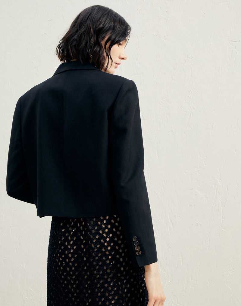 Viscose and linen fluid twill cropped blazer with monili 2