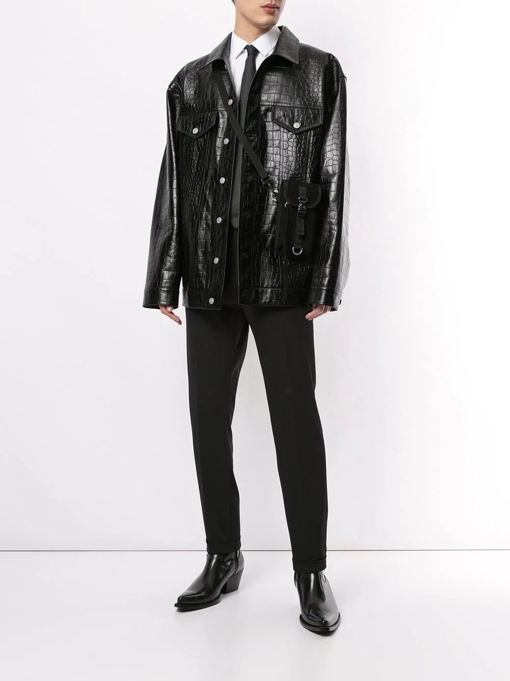 crocodile-effect embossed leather jacket - 2