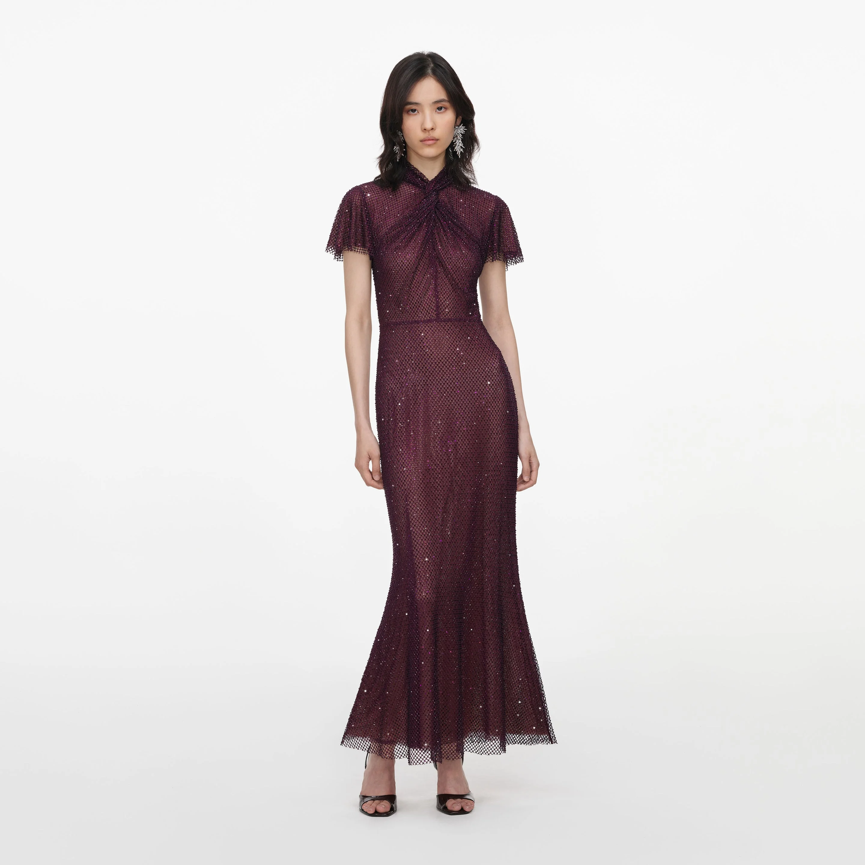 Burgundy Rhinestone Fishnet Midi Dress - 1