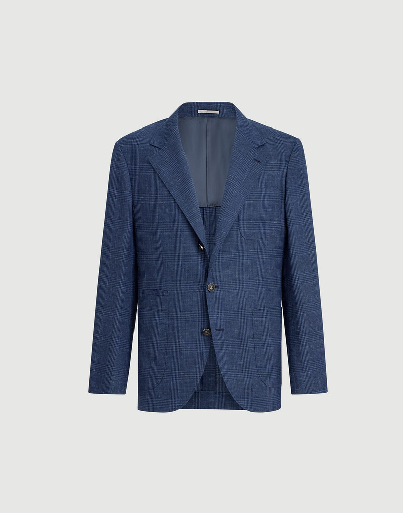 Wool, silk and linen Prince of Wales deconstructed blazer with patch pockets and metal buttons 1