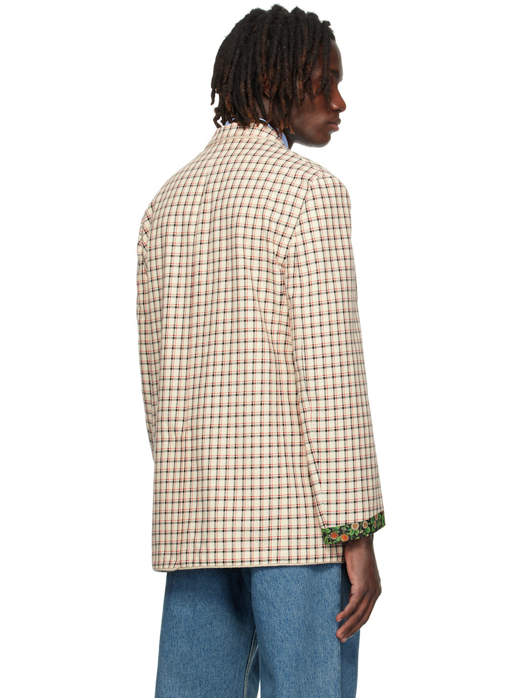 Beige Check Pattern Single-Breasted Cotton Blazer - 3