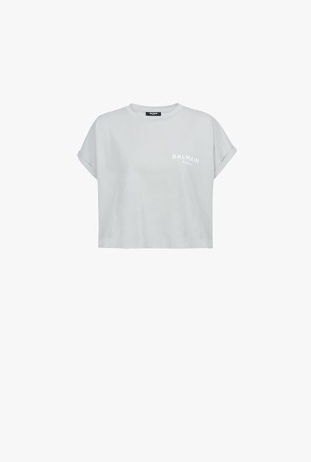 Cropped light gray eco-designed cotton T-shirt with small flocked white Balmain logo - 1