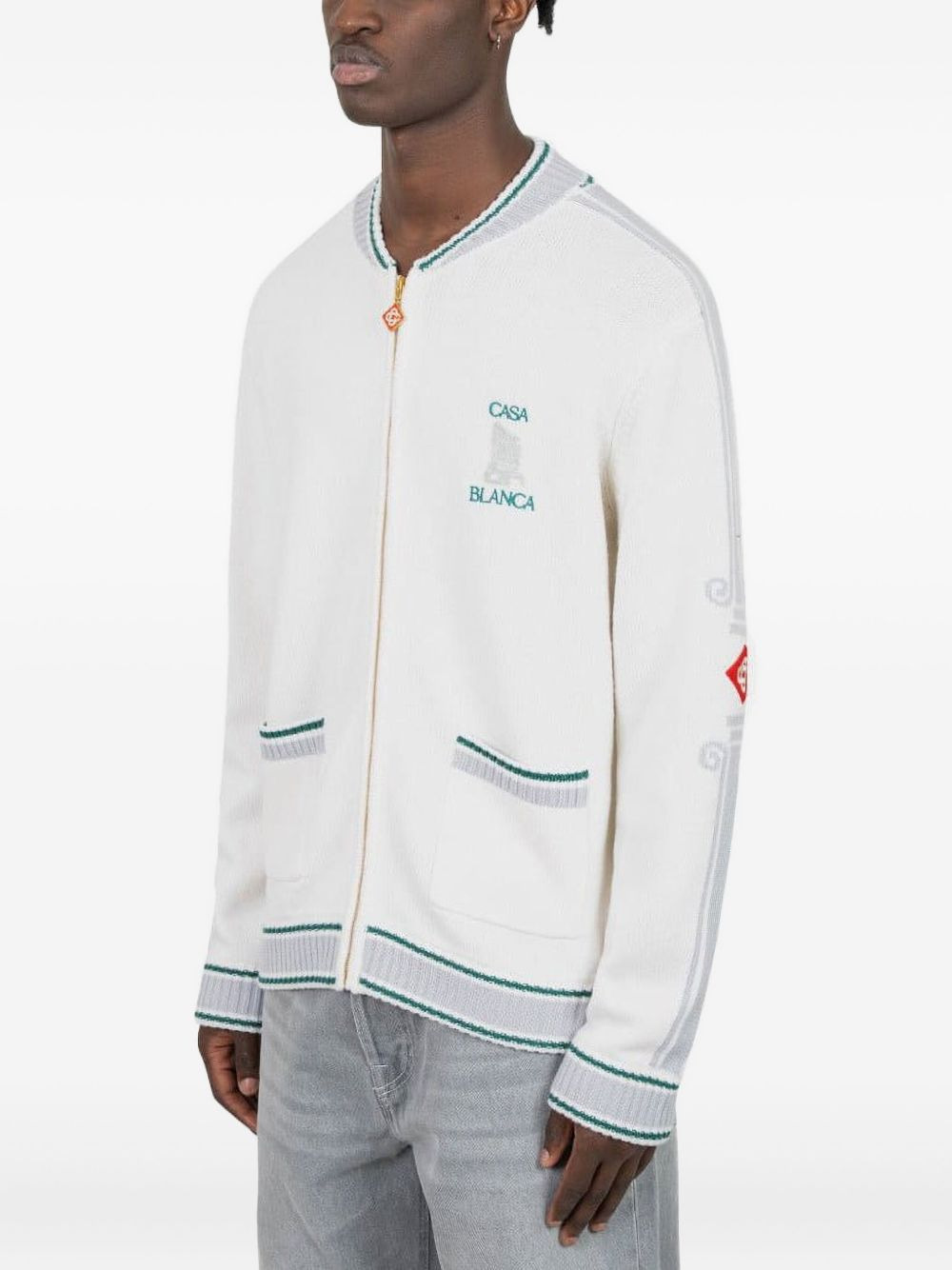 logo-jacquard zip-up cardigan - 2