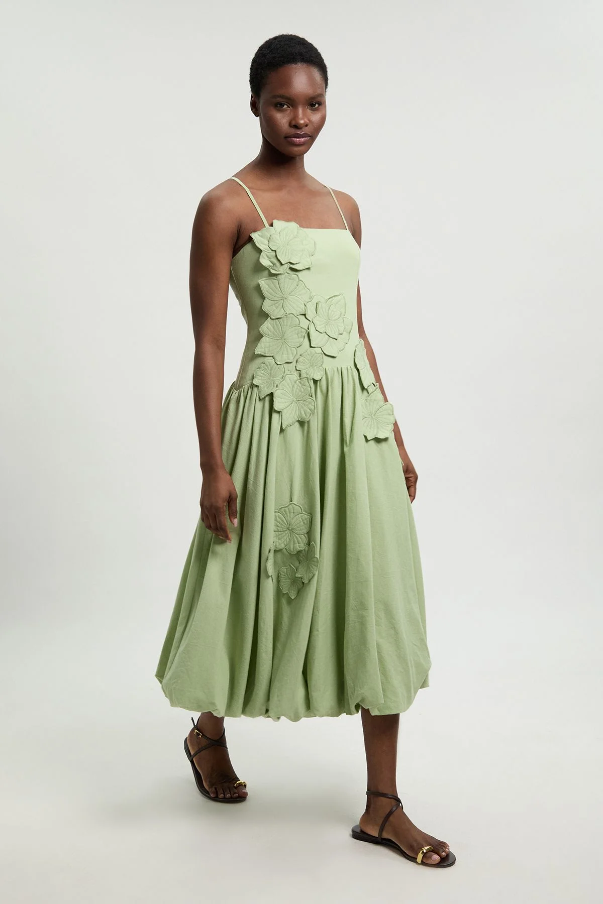 Cotton Linen 3D Floral Bubble Hem Midi Dress - 1