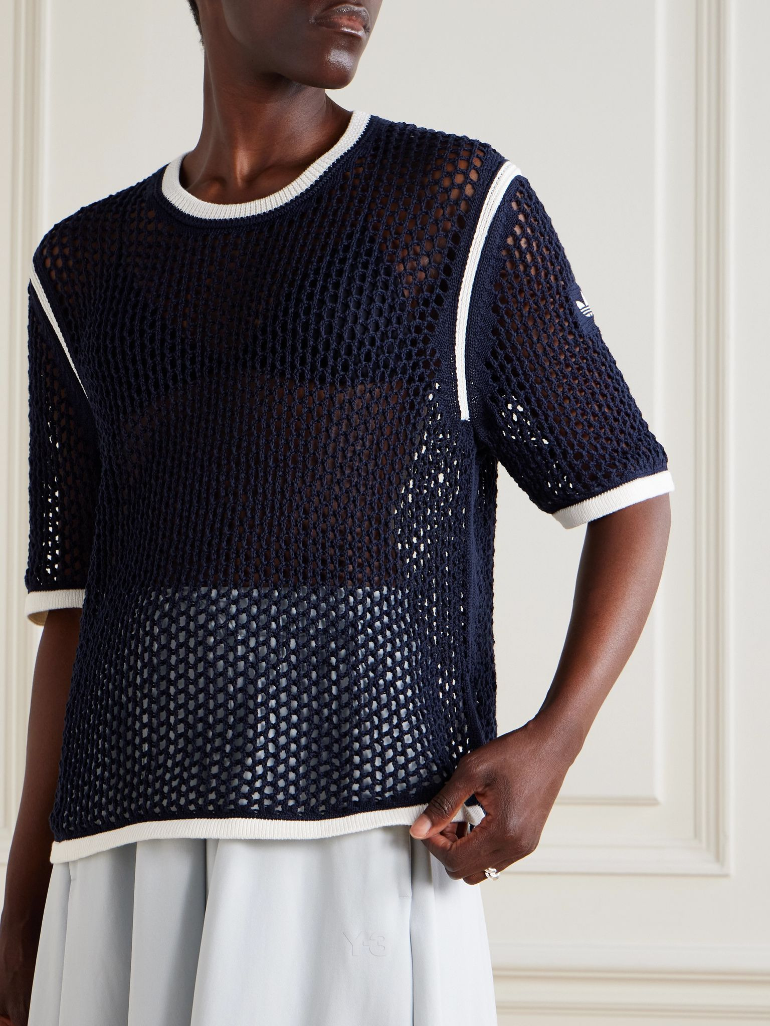 Open-knit cotton-blend T-shirt Navy - 3