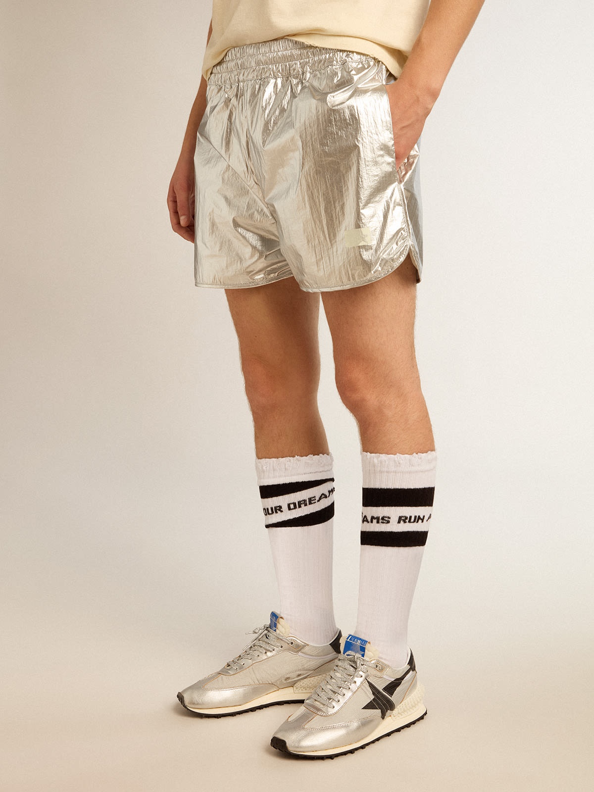 Golden Goose Men's running shorts in silver fabric | REVERSIBLE