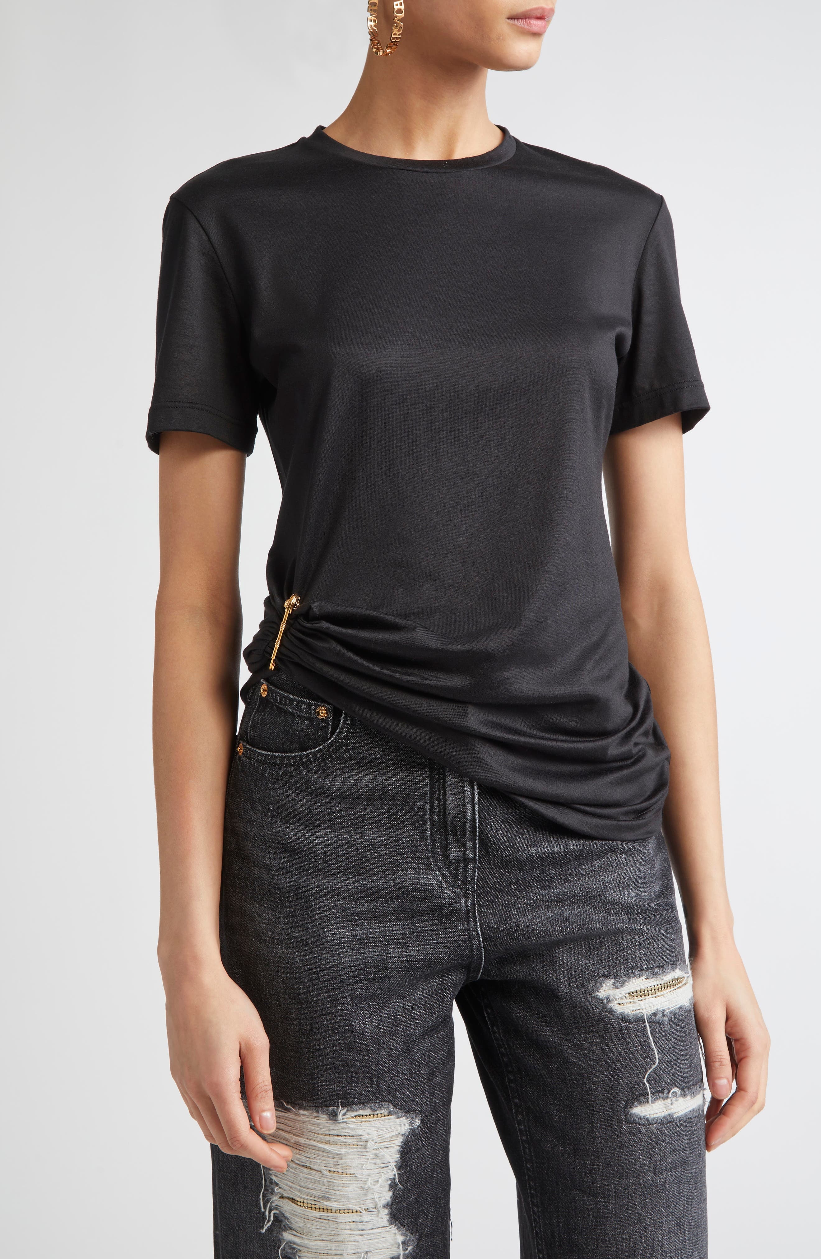 Versace Safety Pin Silk & Cotton T-Shirt in Black at Nordstrom - 1