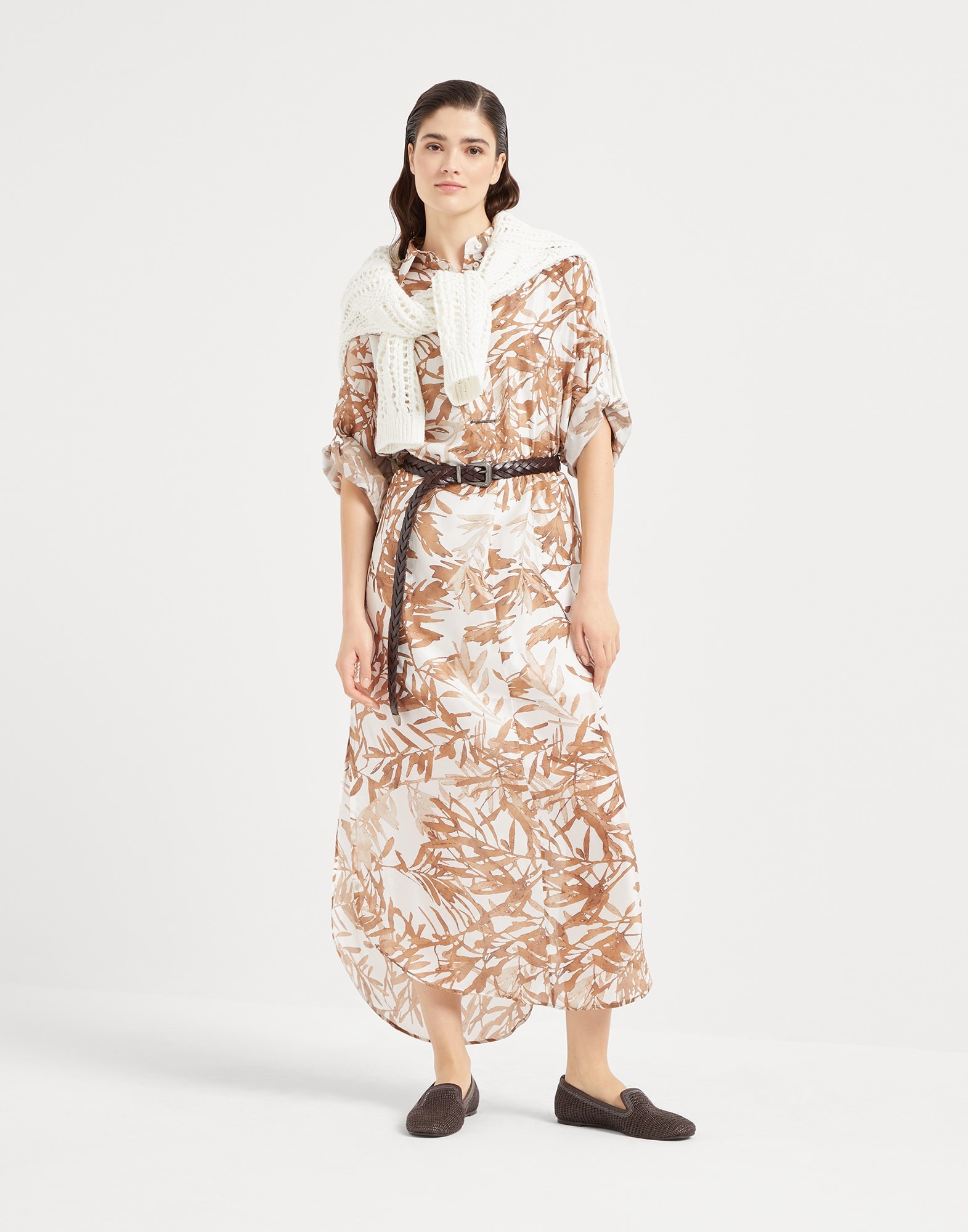 Silk herbarium print pongee shirt dress with monili - 5