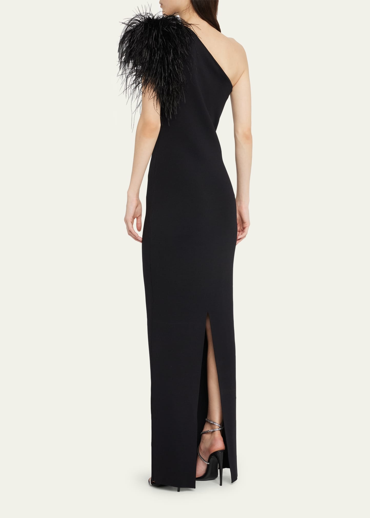 Elcie One-Shoulder Column Gown with Feathers - 3