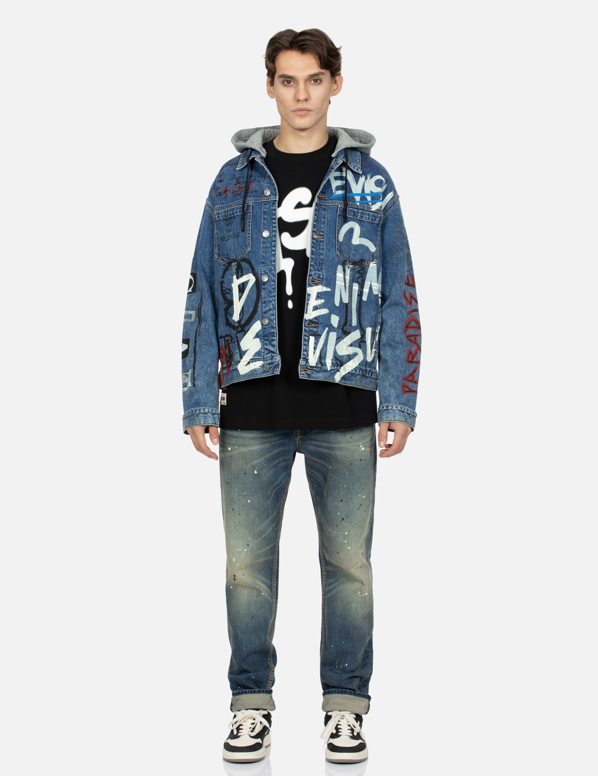 GRAFFITI PRINT LOOSE FIT HOODED DENIM JACKET - 6