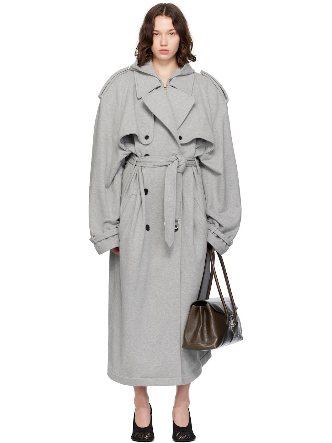Gray Hooded Trench Coat - 1