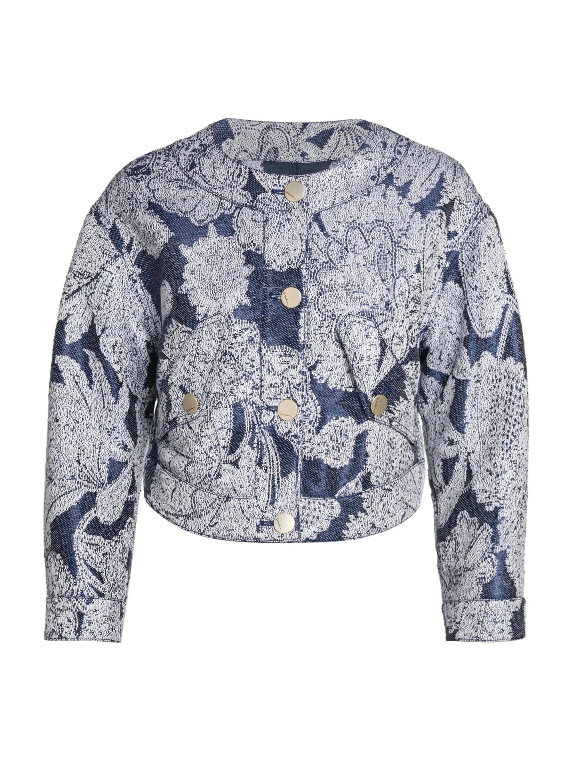 Women's Floral Jacquard Cropped Jacket - Navy - 1