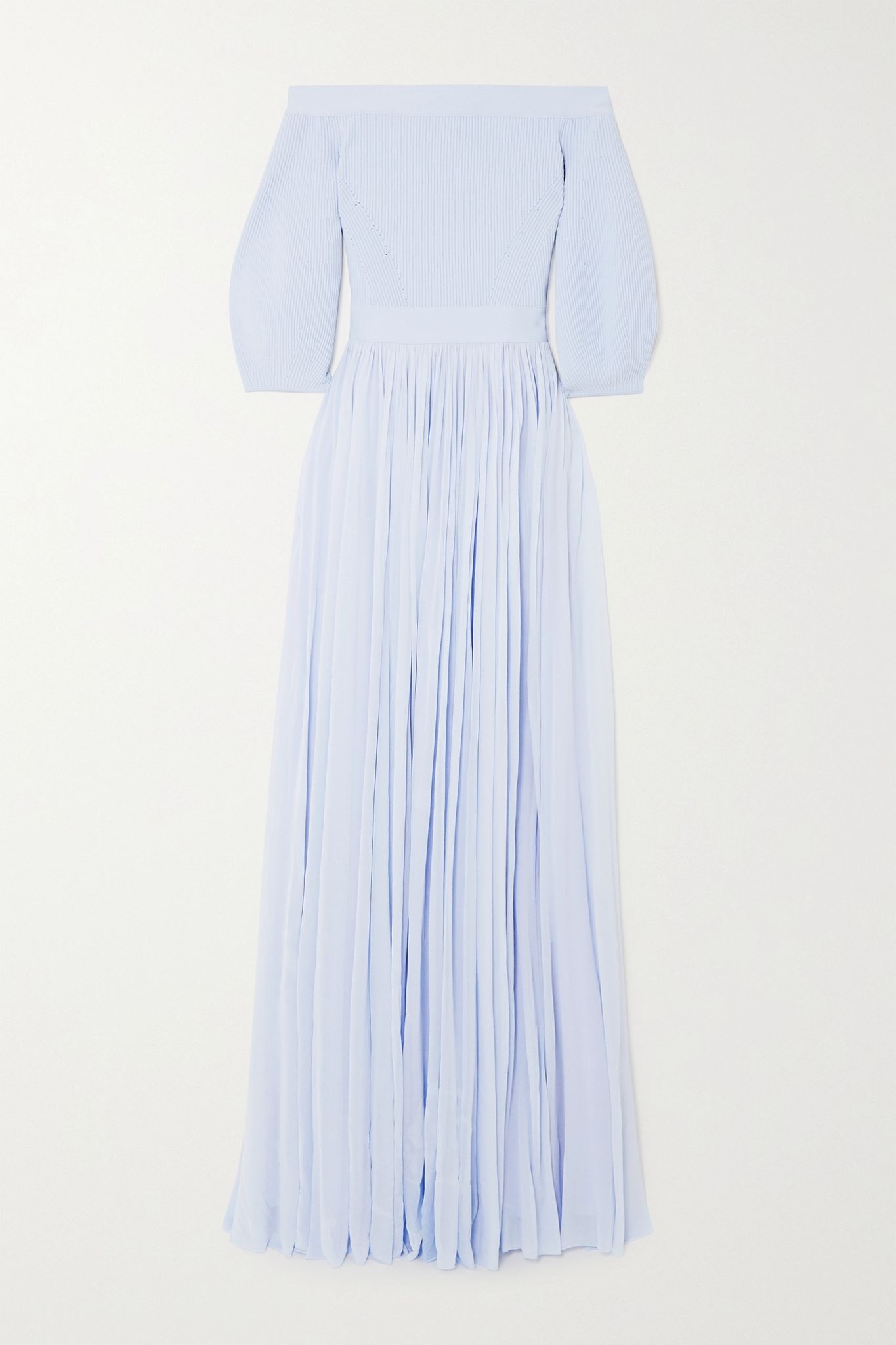 Off-the-shoulder ribbed-knit and crepe de chine gown - 1