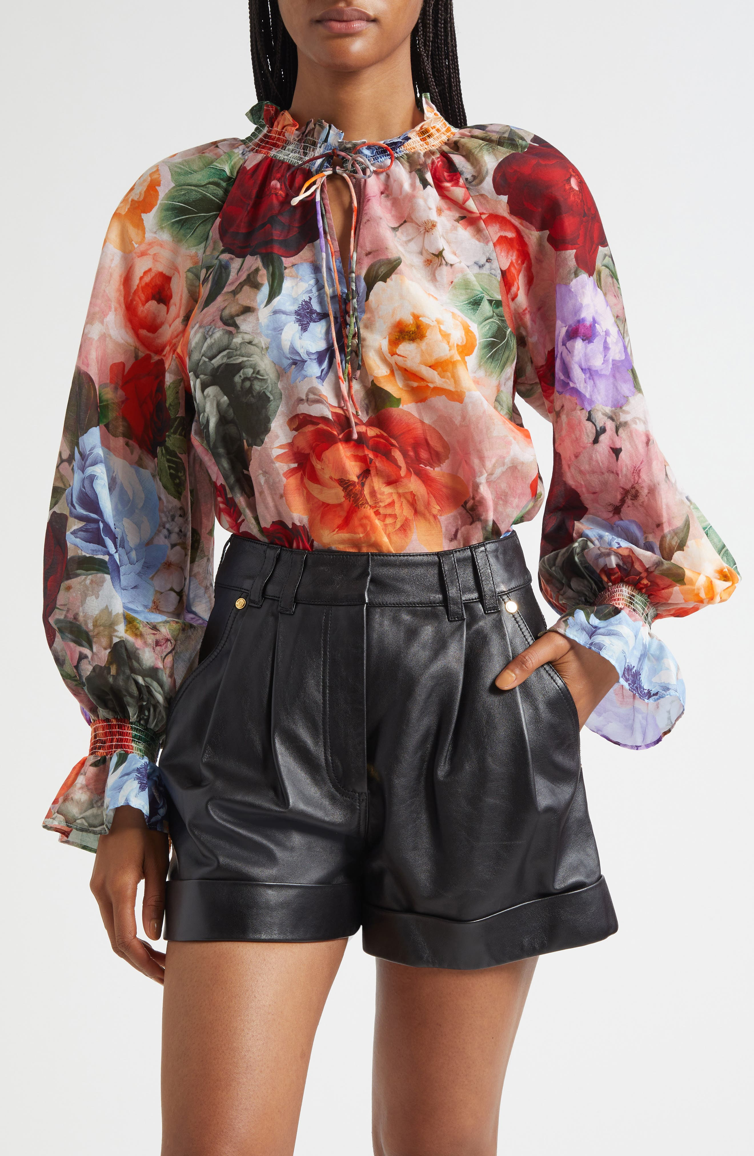 Alice + Olivia Norah Ruffle Cotton & Silk Peasant Top in Storm Floral at Nordstrom - 1