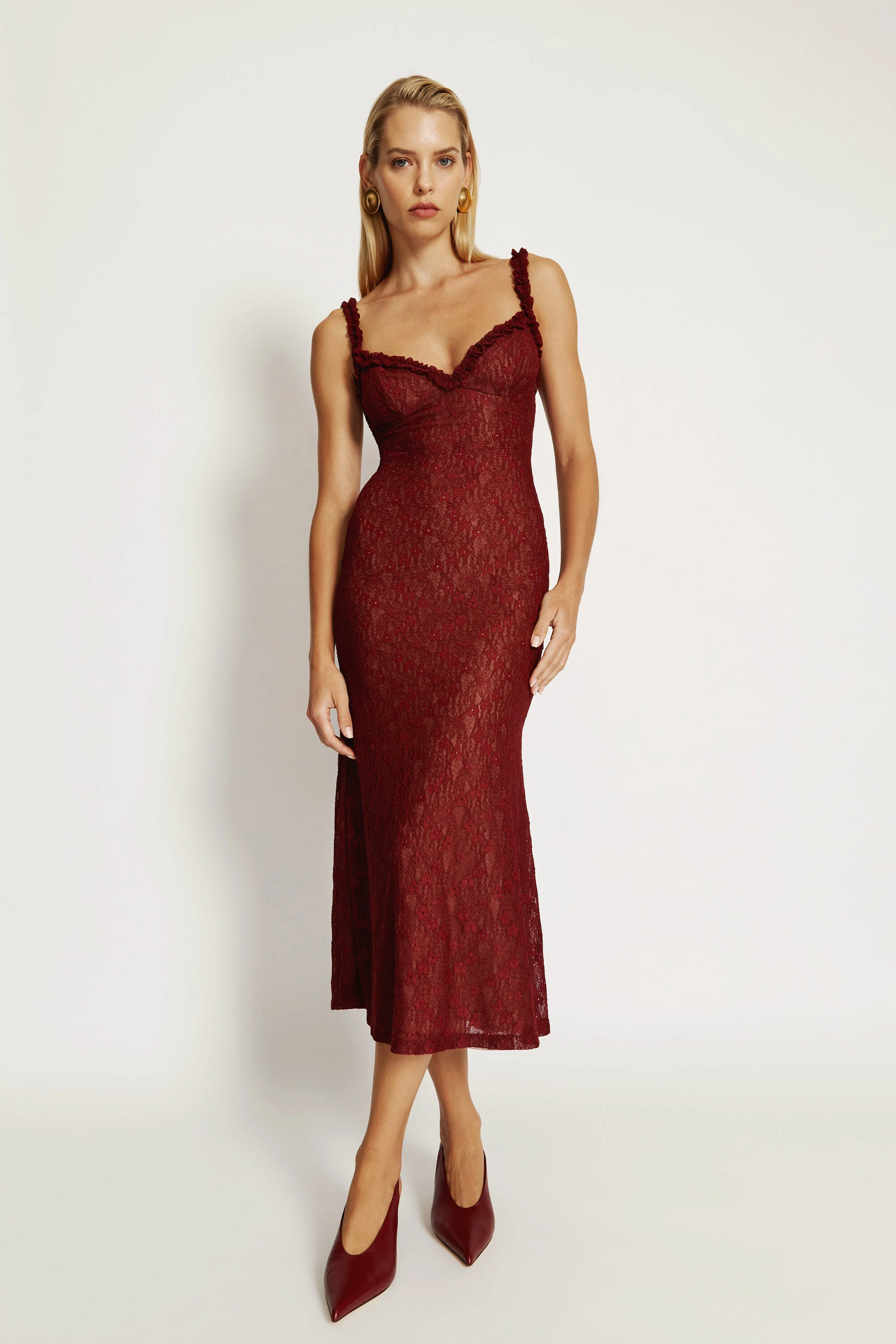 Alegra Stretch Lace Midi Dress In Burgundy - 1