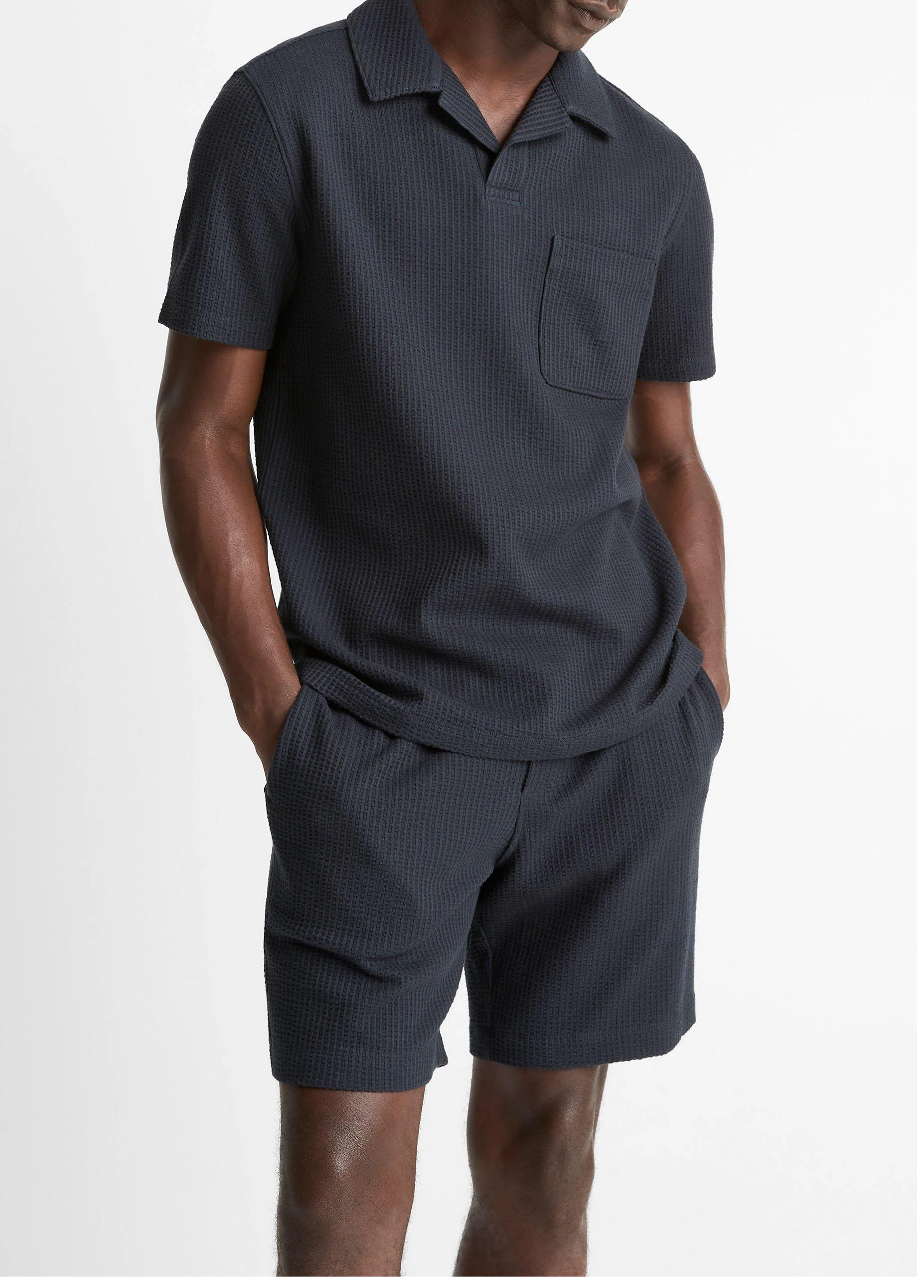 Seersucker-Knit Stretch-Cotton Short-Sleeve Johnny-Collar Shirt - 1