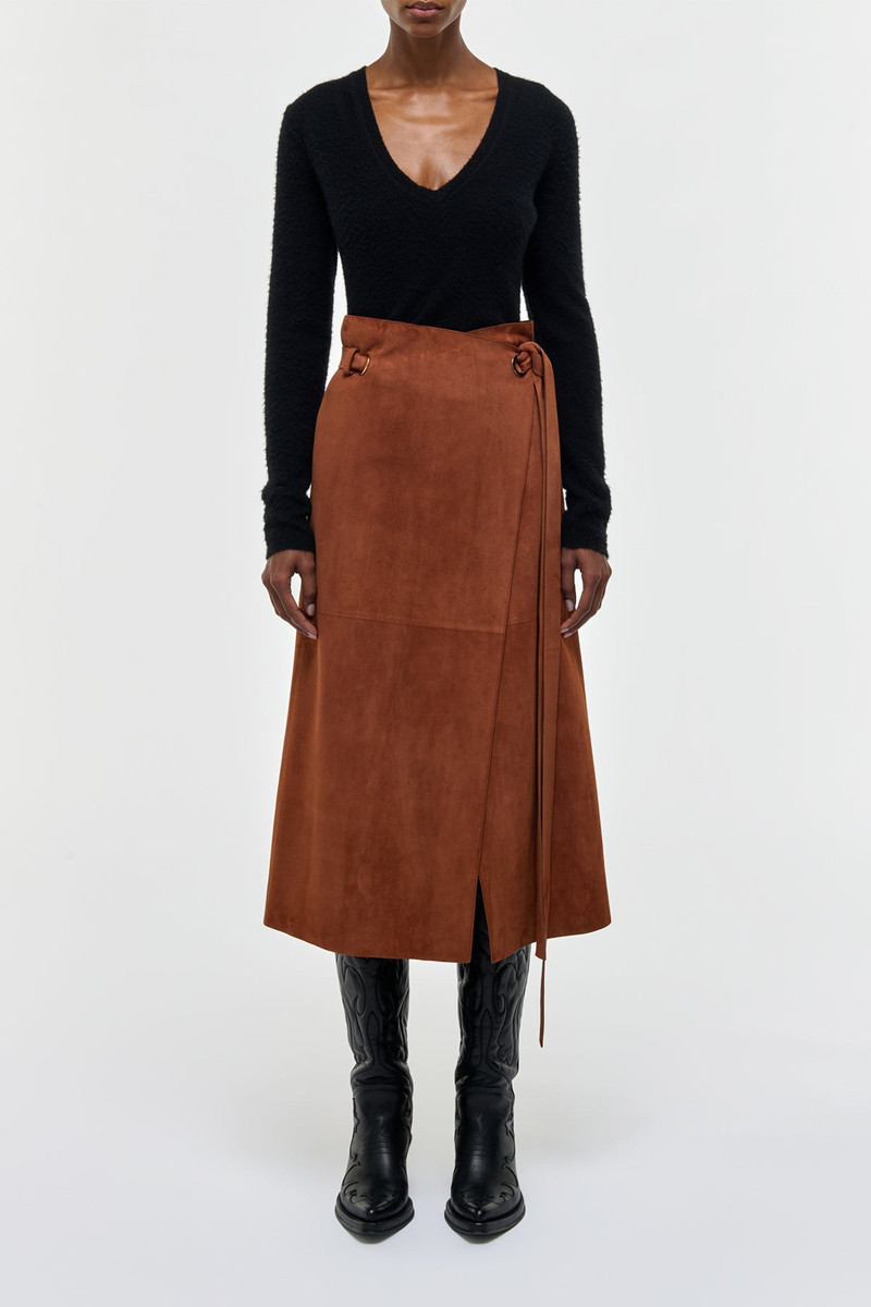 GABRIELA HEARST Idalia Wrap Midi Skirt in Cognac Suede outlook