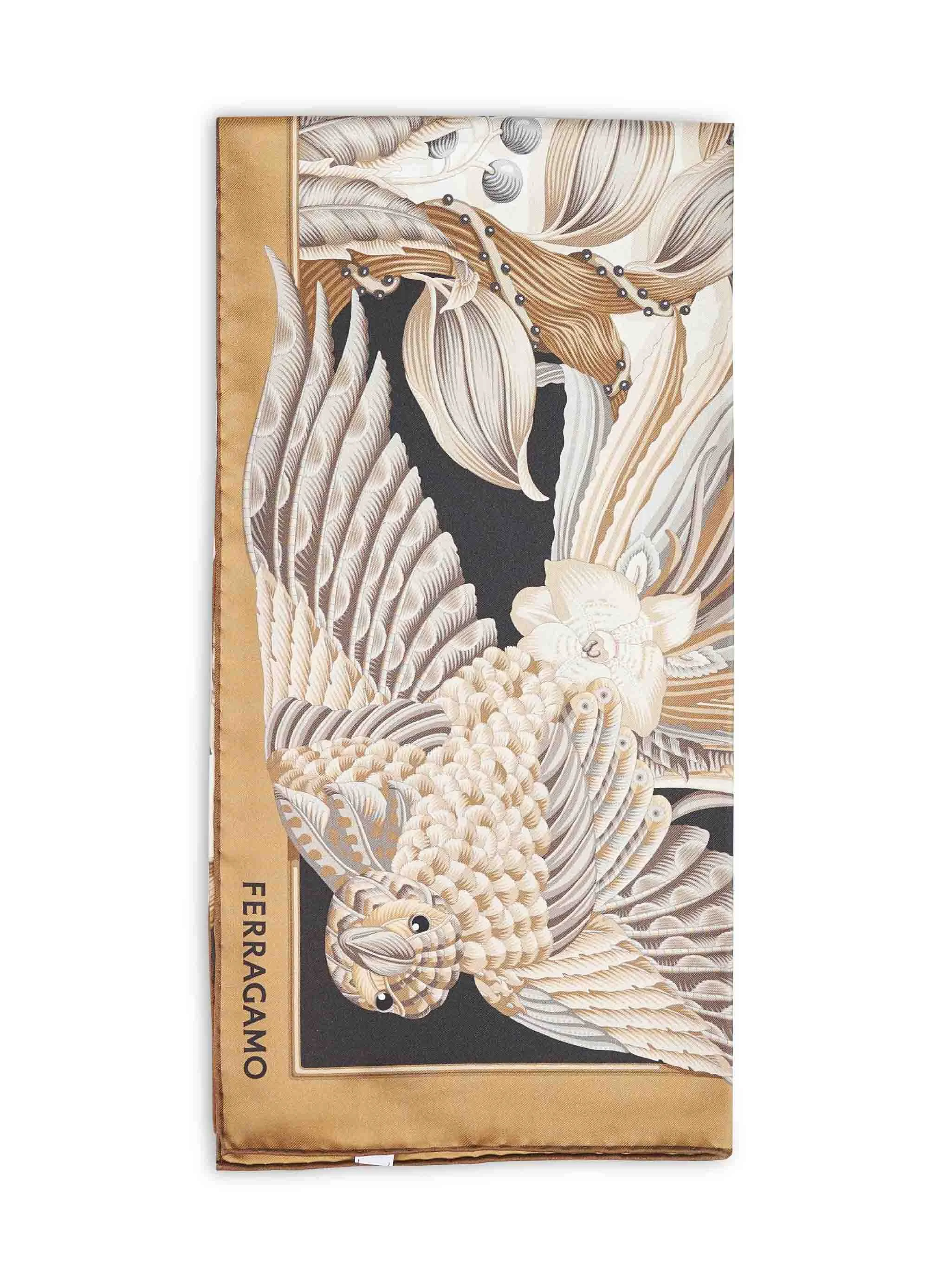 Ferragamo Women Beige And Black Parrots-Print Silk Scarf - 1
