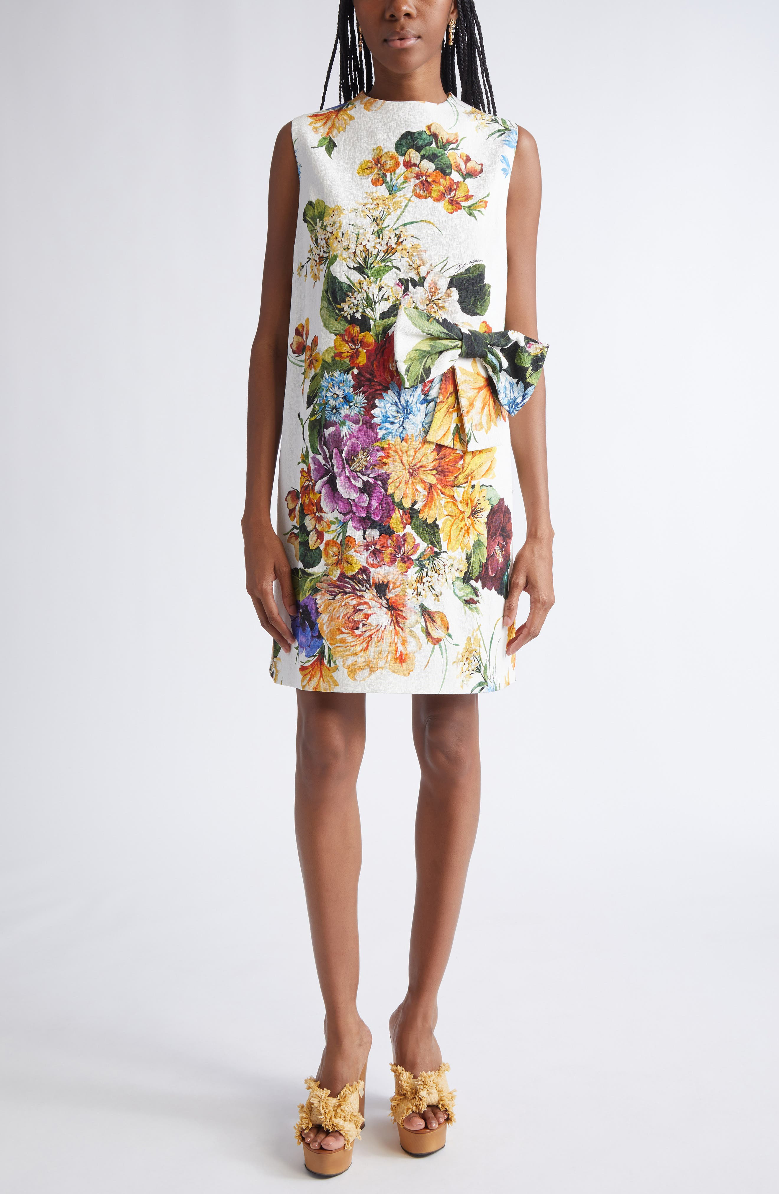 Dolce&Gabbana Flower Bouquet Print Bow Front Minidress in Ha5Pc B.fiori Cret. F.bco at Nordstrom - 1