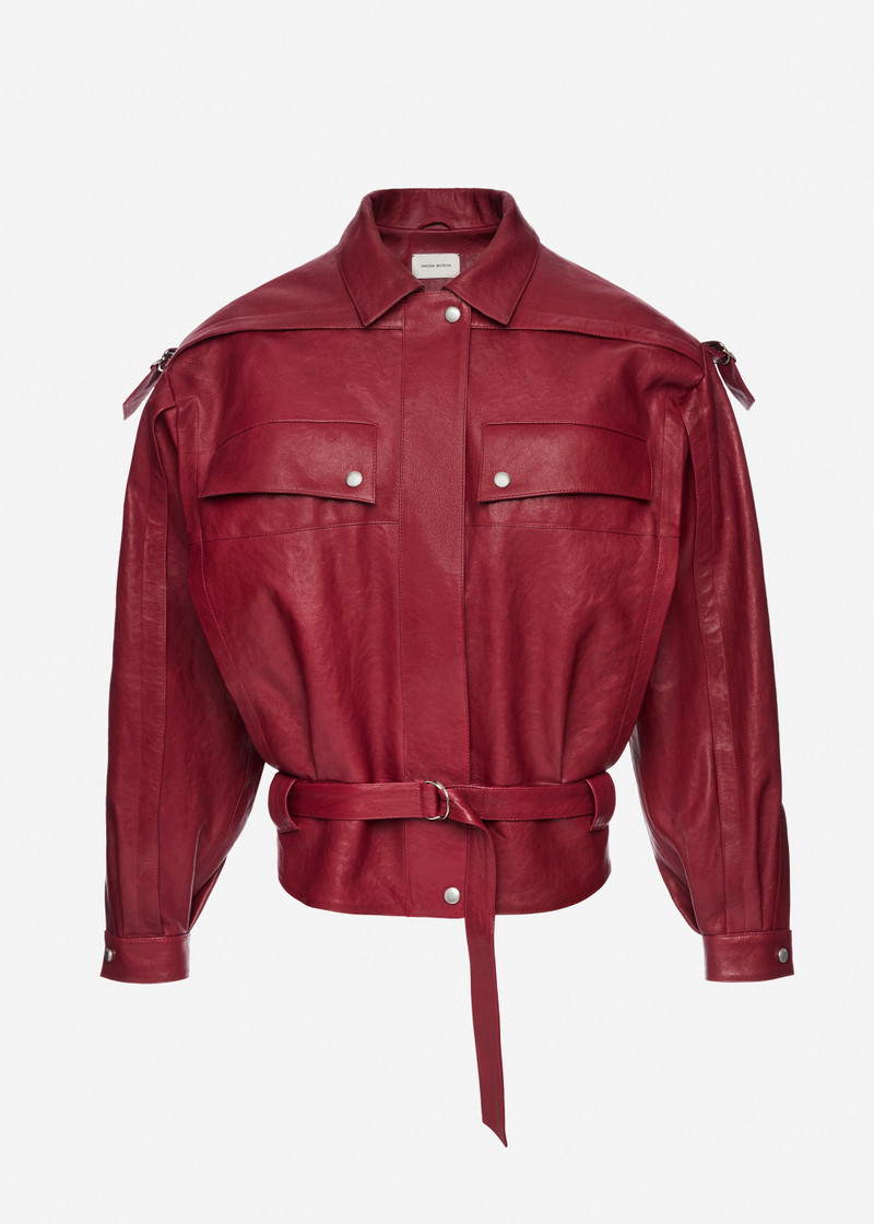 Oversized belted leather jacket in cherry red 1