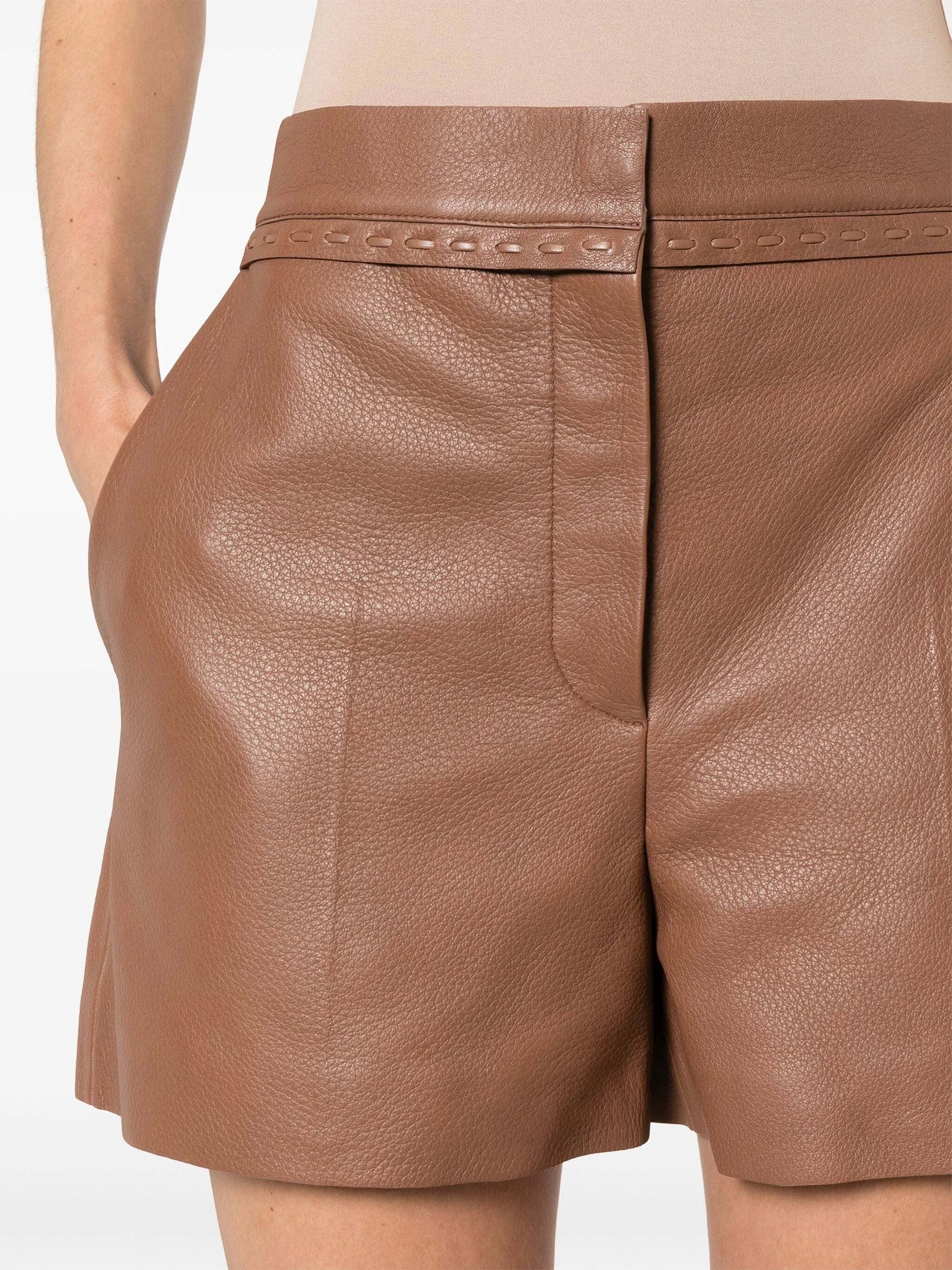 Selleria-stitching Leather Shorts - 5