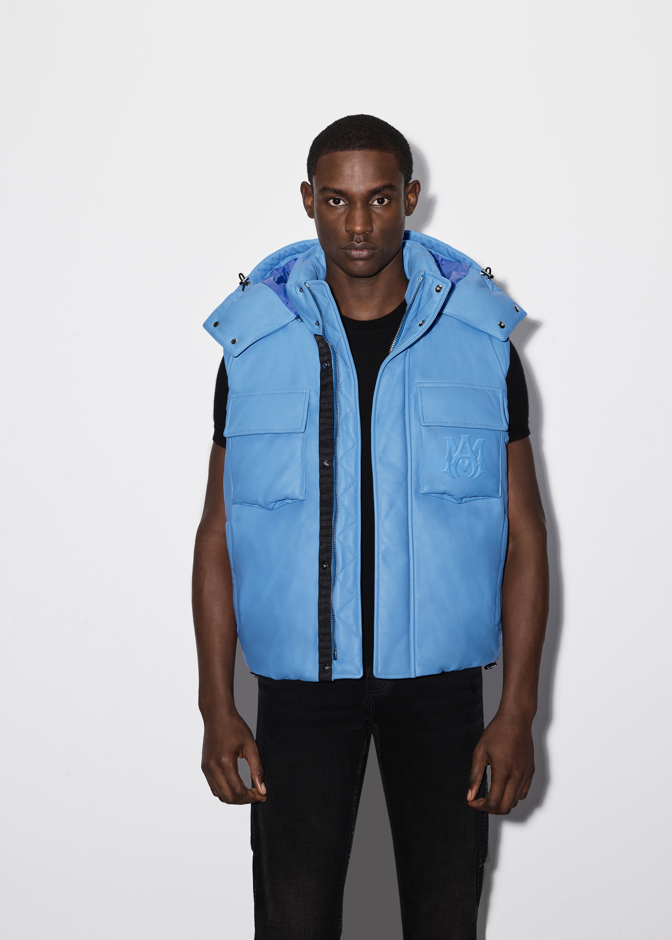 HOODED LEATHER DOWN GILET - 3