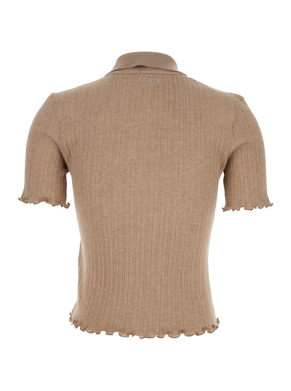 Fendi Women Beige Polo With Ribbed Design And All-Over Floral Embroidery With Sequins And Beads In C - 2