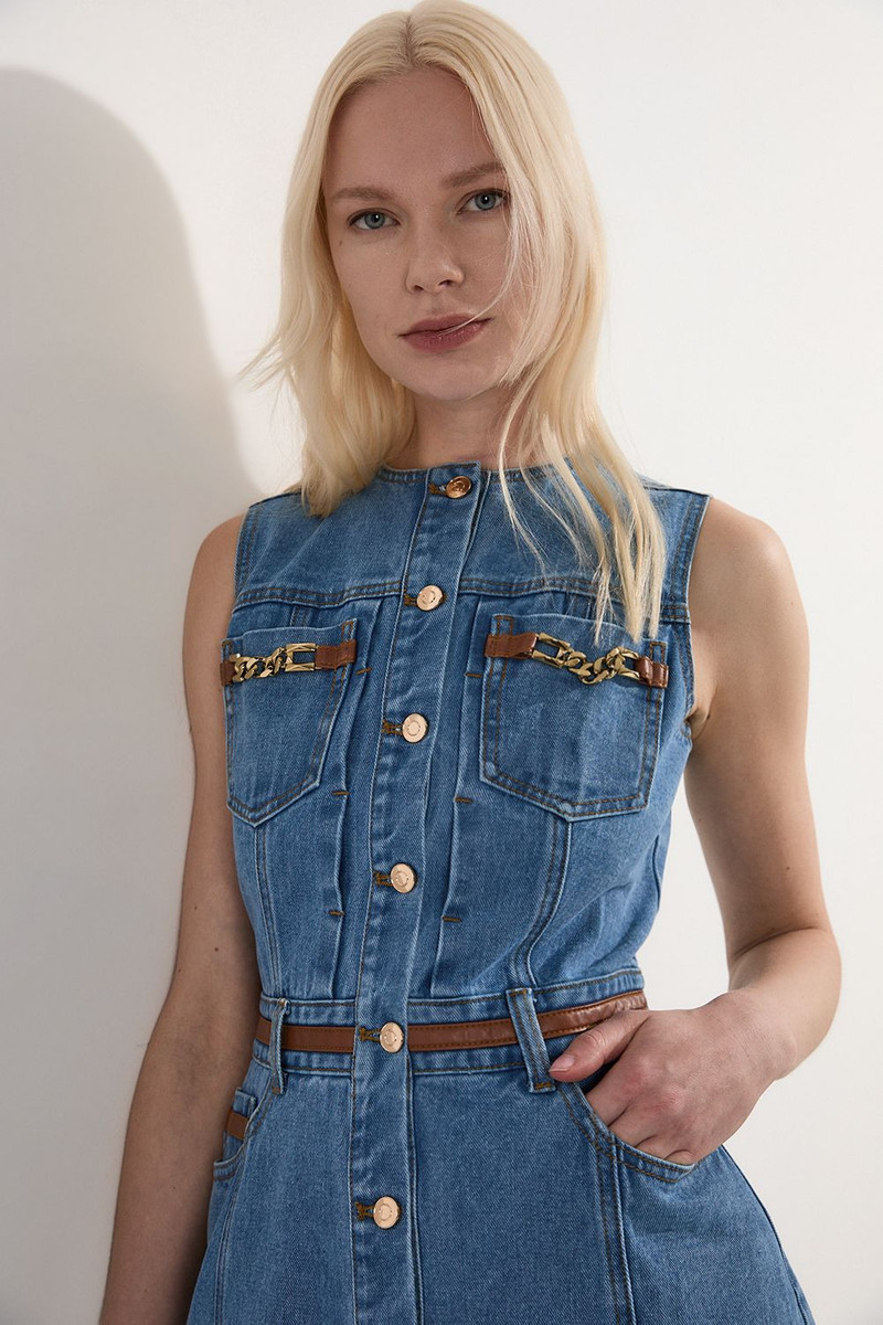 Denim & Faux Leather Tipping Sleeveless Midi Dress 1