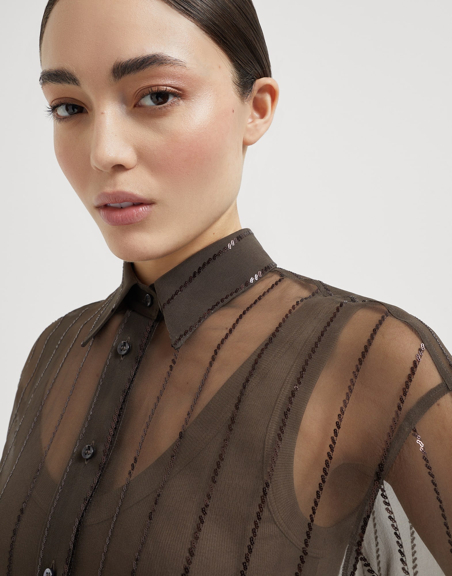 Crispy silk shirt with dazzling chalk stripe embroidery - 3