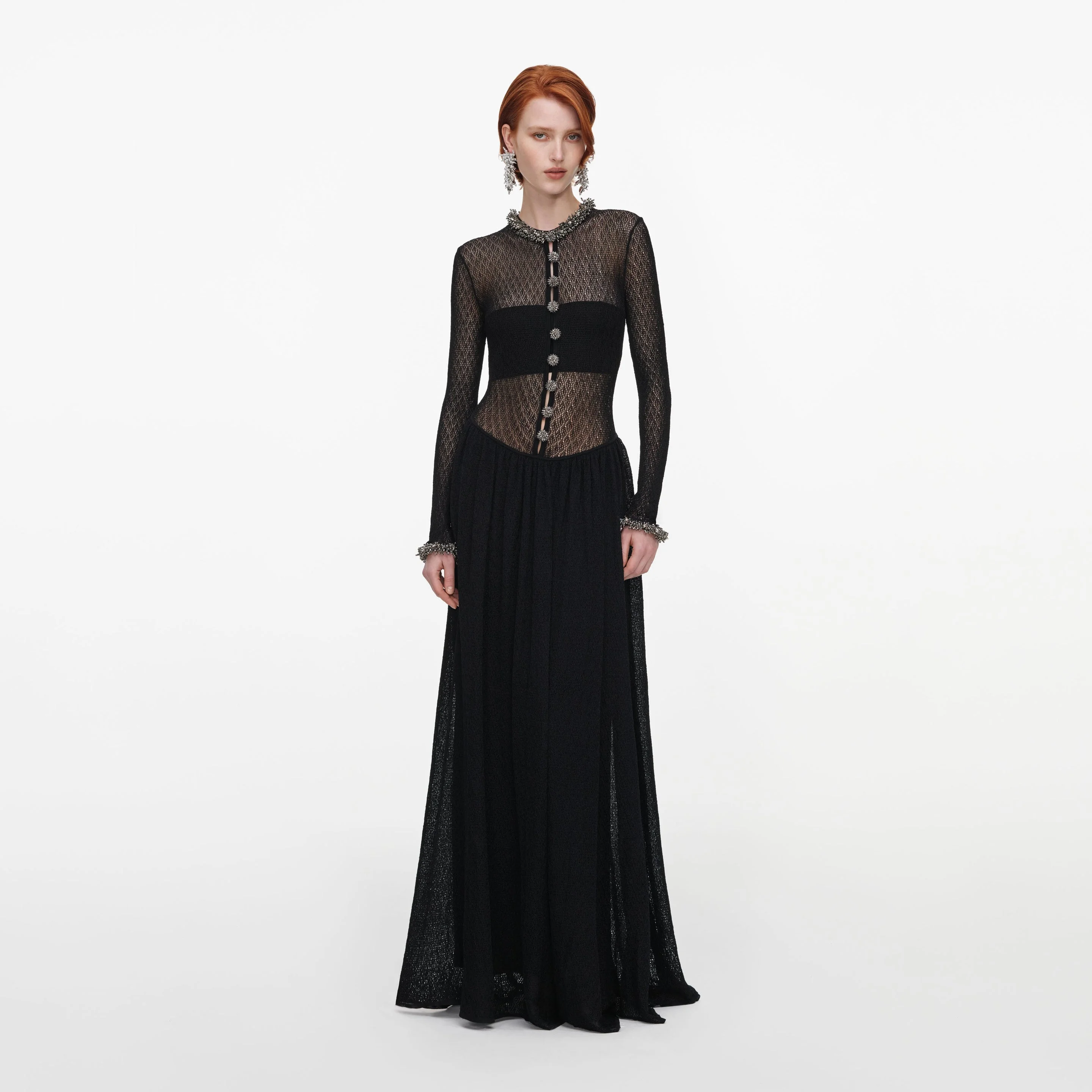 Black Pointelle Knit Embellished Maxi Dress - 1