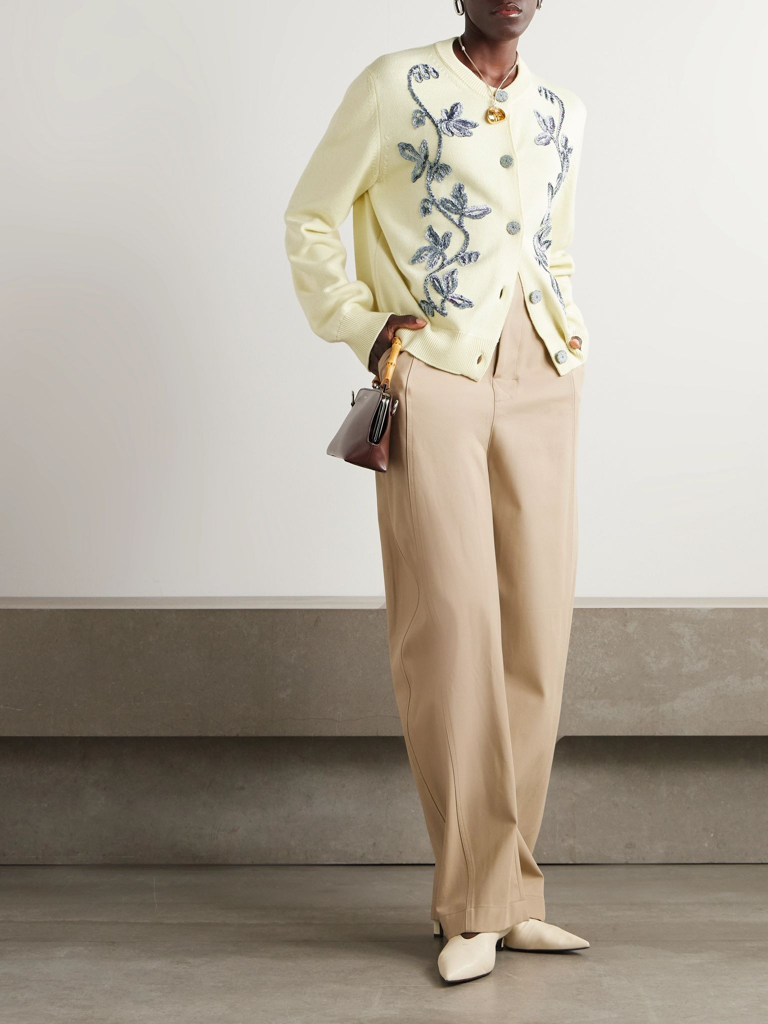 Oversized embroidered wool cardigan Pastel yellow - 2