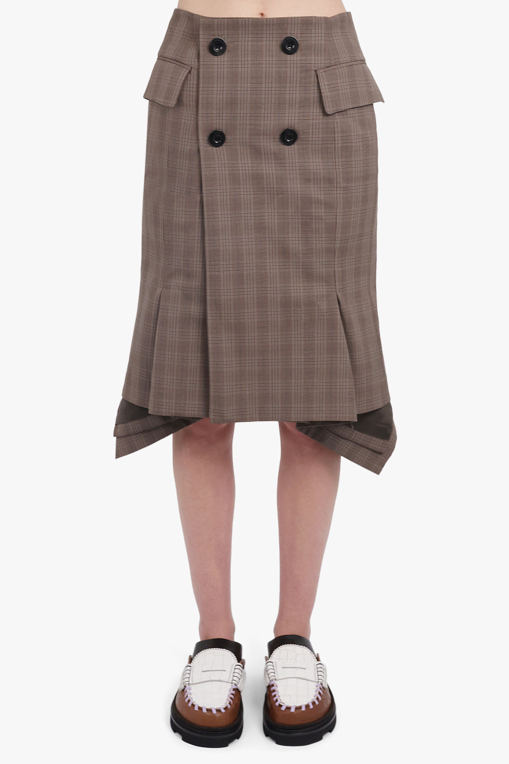 ASYMMETRIC FLARED HEM CHECK MIDI SKIRT WITH BUTTON DETAIL | BROWN - 6