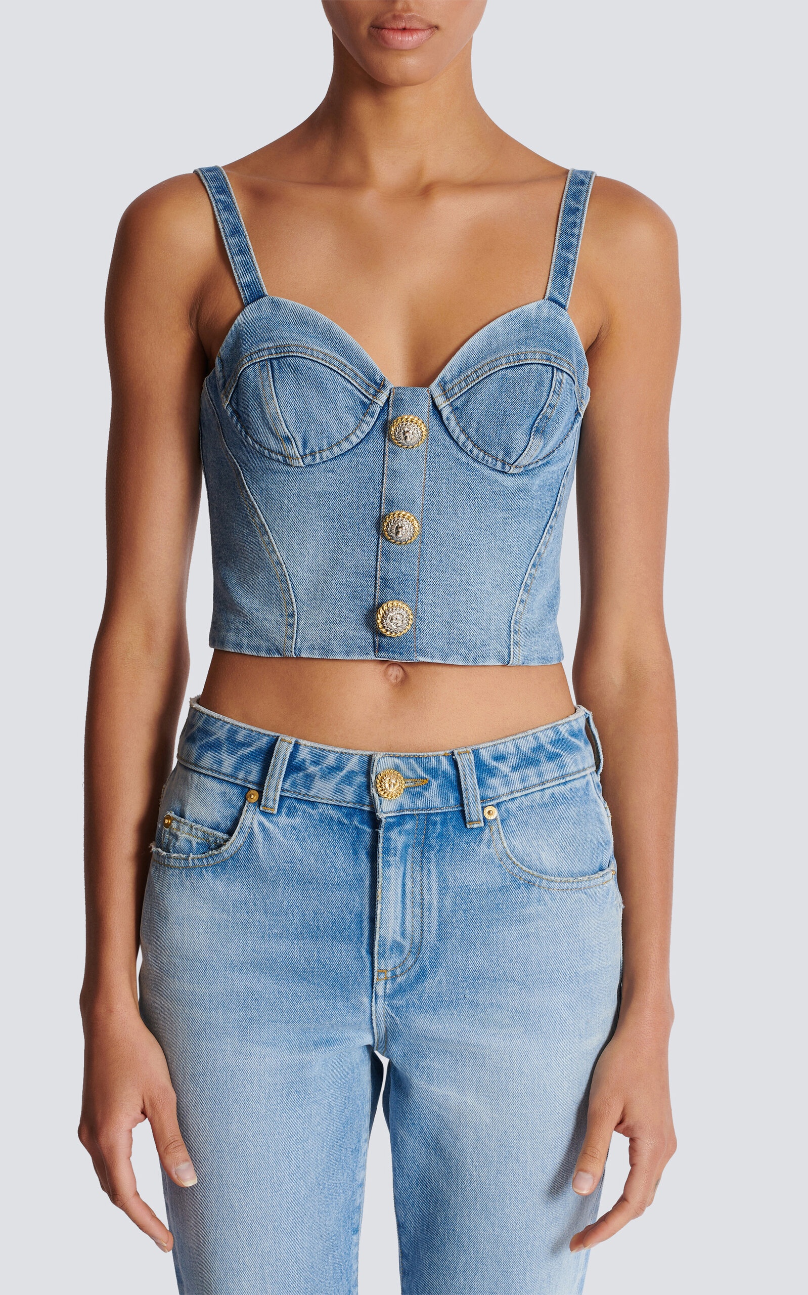 Button-Embellished Denim Bustier Top blue - 3