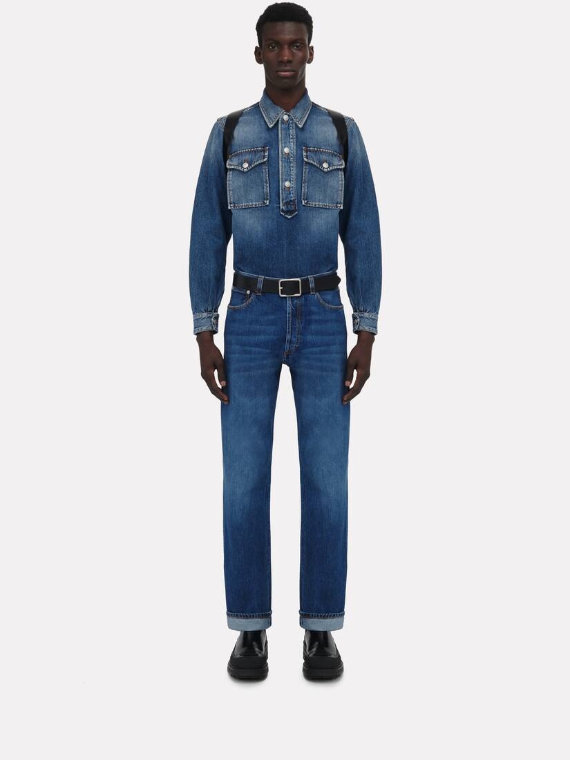 Men's Pull-over Denim Shirt in Washed Blue - 2