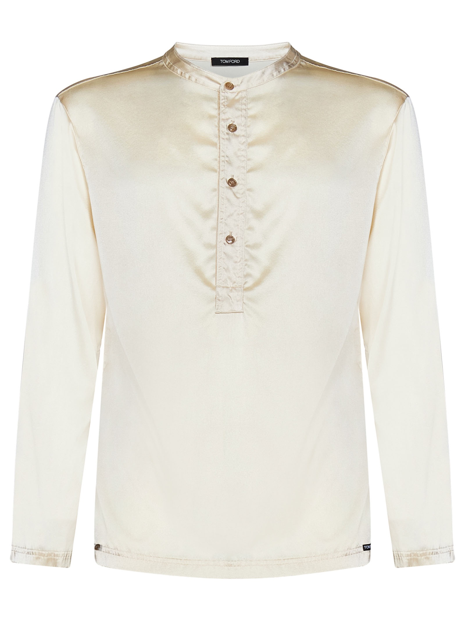 Pearl-colored stretch silk pajama shirt with henley collar and logo label. - 1