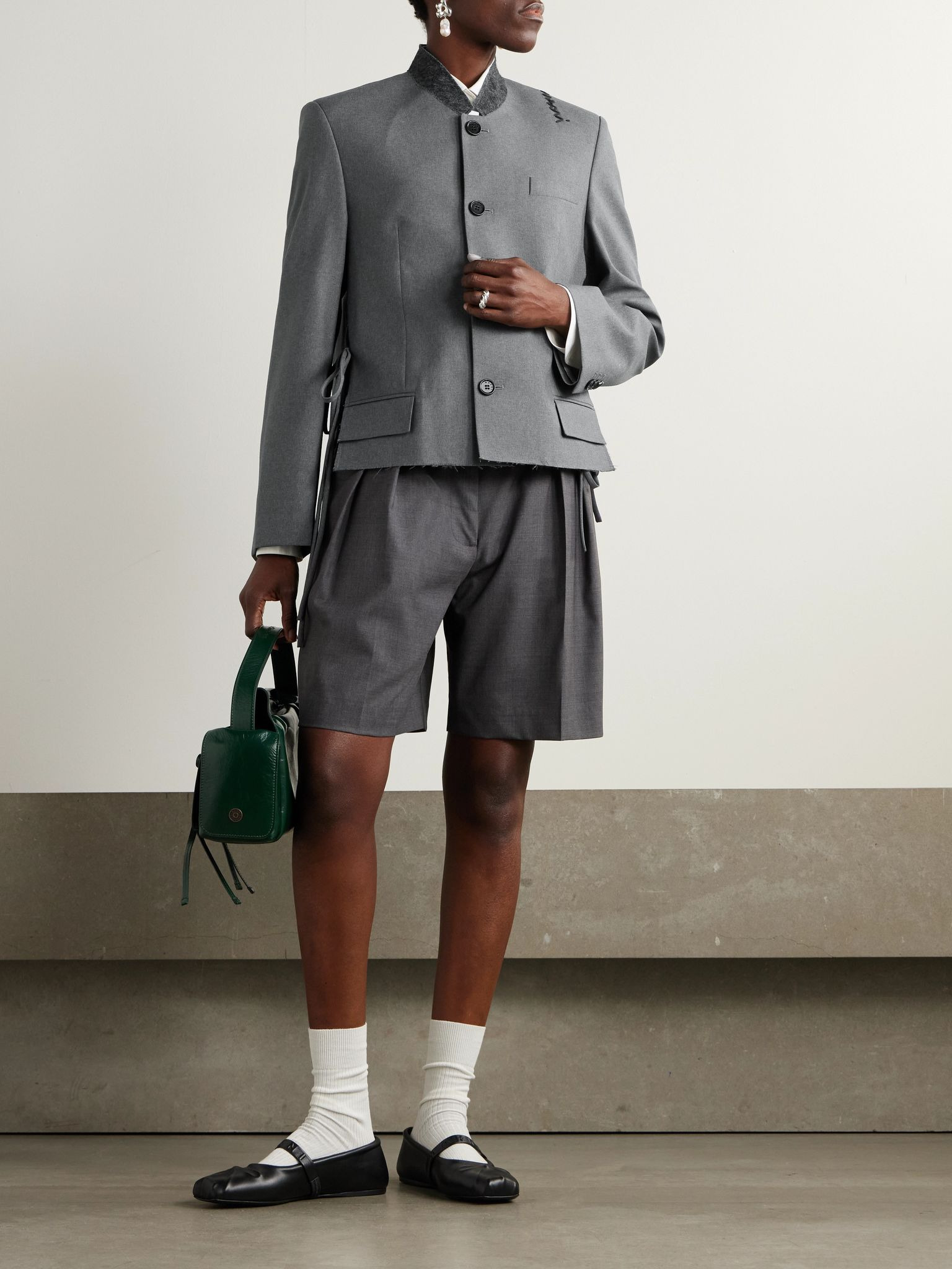 Felt-trimmed frayed embroidered wool jacket Gray - 2