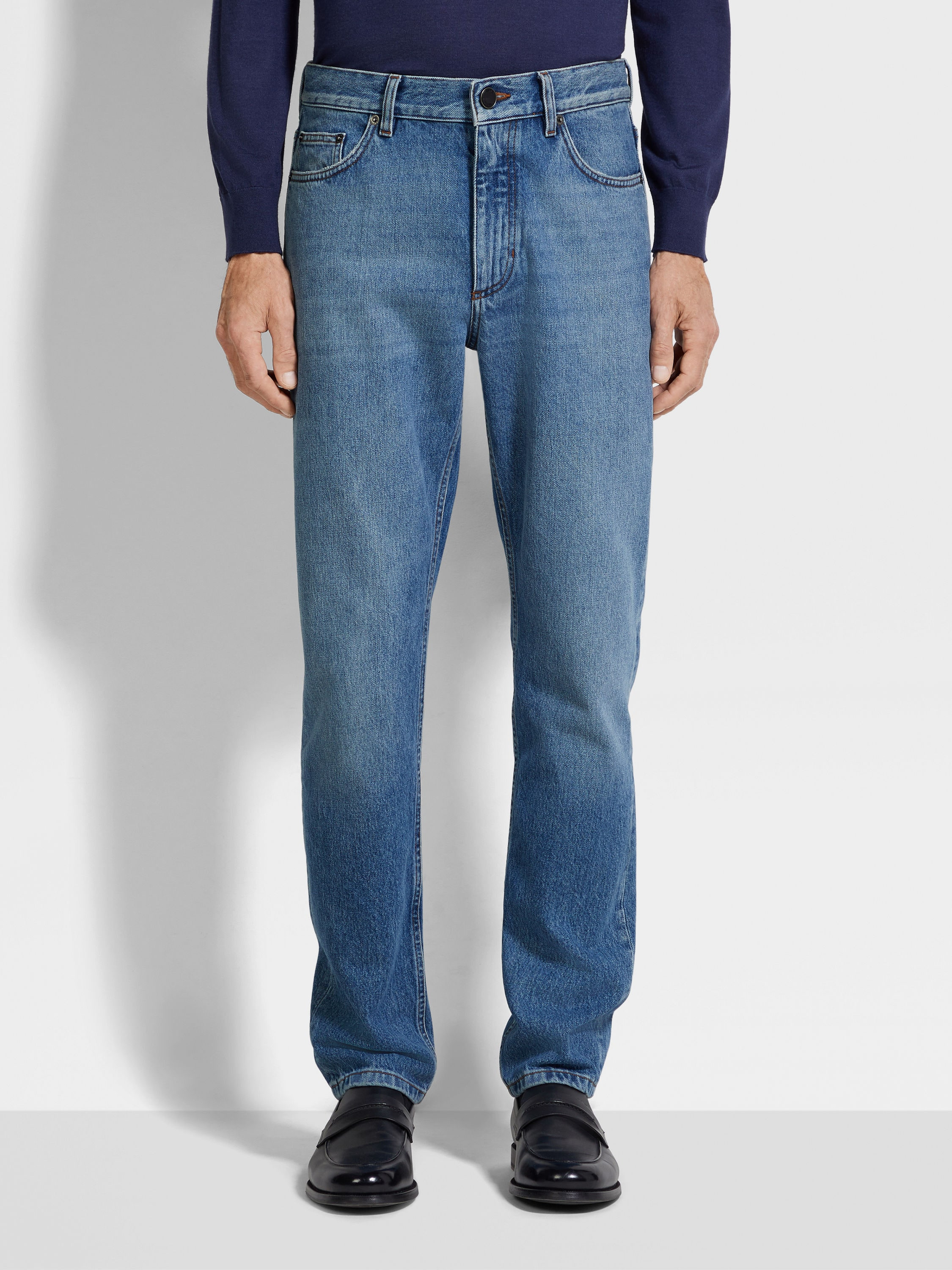 BLUE STONE-WASHED COTTON ROCCIA JEANS - 4
