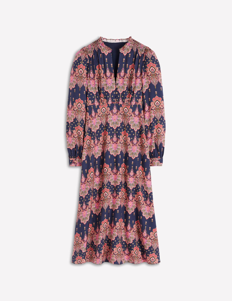 Cassie Smocked Tea Dress-Navy, Embellished Paisley 1