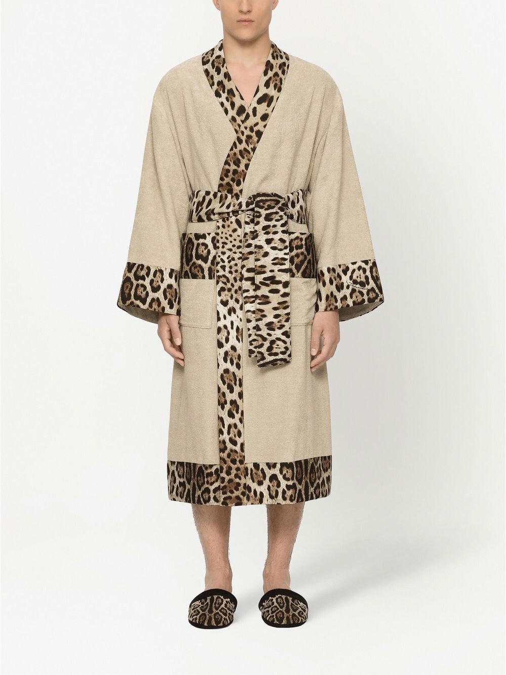 leopard-print trim belted bathrobe - 4