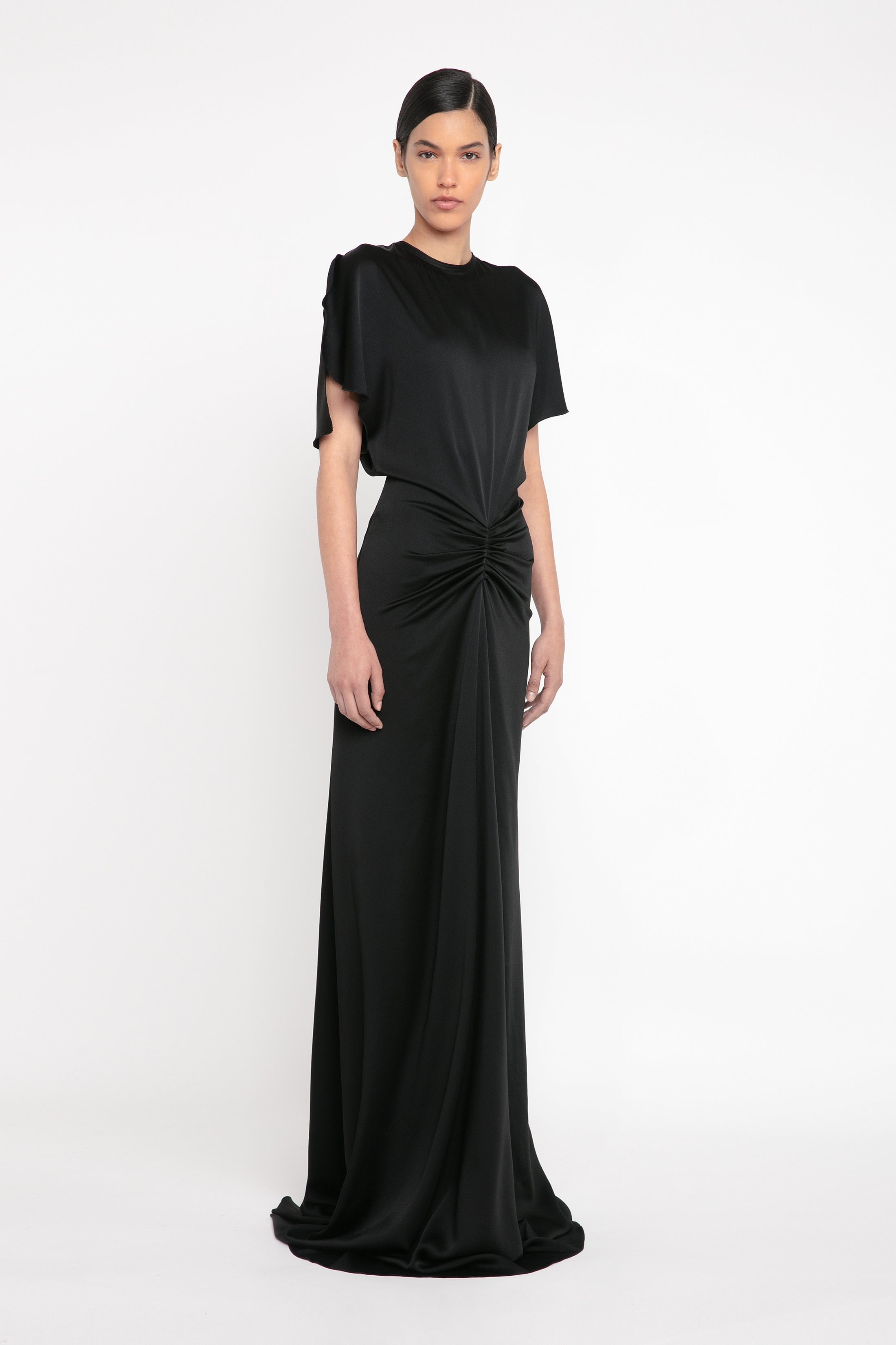 Gathered Waist Floor-Length Dress In Black - 3